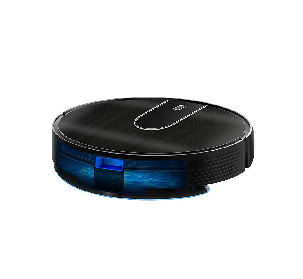 A round black Bytech Robot Vacuum Cleaner with a brushed metal texture on the top surface, featuring a blue transparent dust container and a small silver power button in the center.