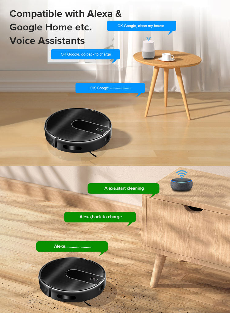 A promotional graphic showing a black round Bytech Robot Vacuum Cleaner in a modern room with a wooden floor, small side table, and smart speaker. Text at the top says it is compatible with Alexa and Google Home voice assistants, with blue and green speech bubbles demonstrating commands.