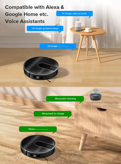 A promotional graphic showing a black round Bytech Robot Vacuum Cleaner in a modern room with a wooden floor, small side table, and smart speaker. Text at the top says it is compatible with Alexa and Google Home voice assistants, with blue and green speech bubbles demonstrating commands.