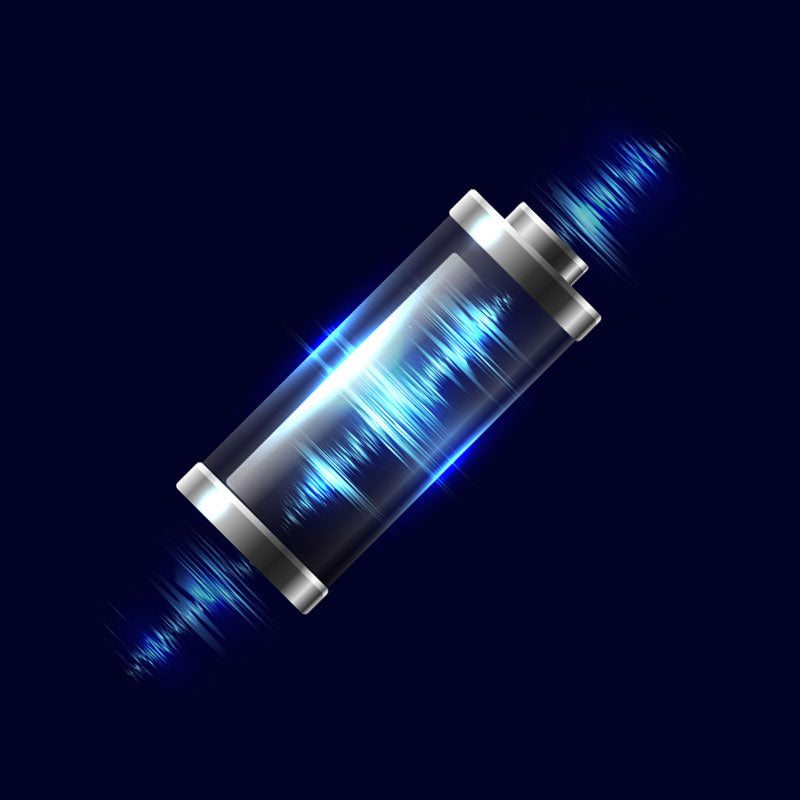 A futuristic cylindrical device with a transparent body, metallic silver ends, and glowing blue soundwave-like light patterns, shown diagonally on a dark navy background.