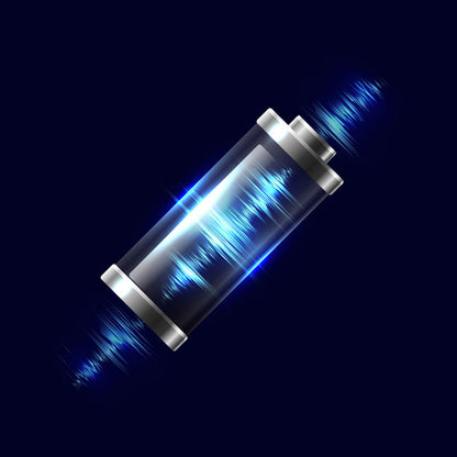 A futuristic cylindrical device with a transparent body, metallic silver ends, and glowing blue soundwave-like light patterns, shown diagonally on a dark navy background.