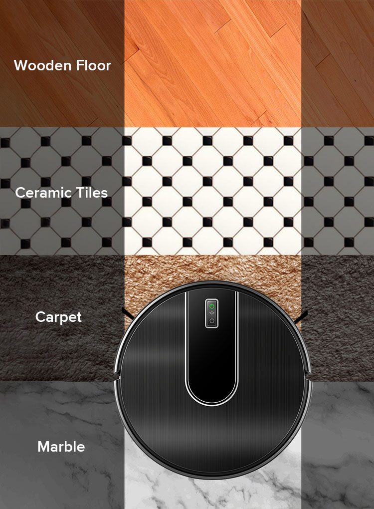 A circular black Bytech Robot Vacuum Cleaner is shown over a grid of floor and surface textures labeled Wooden Floor, Ceramic Tiles, Carpet, and Marble, indicating the robot's cleaning coverage or compatibility.
