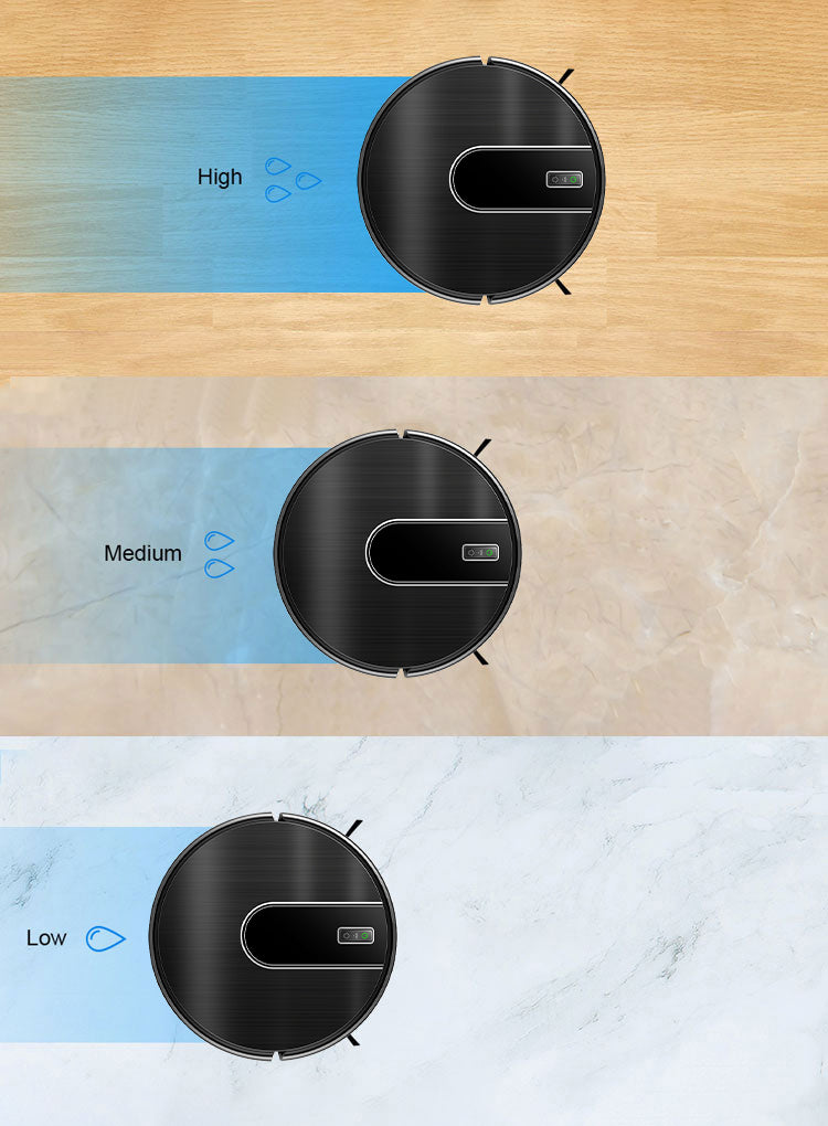 Three top-down views of a round black Bytech Robot Vacuum Cleaner shown on different floor surfaces, with labeled zones High, Medium, and Low and blue airflow bands behind the robot.