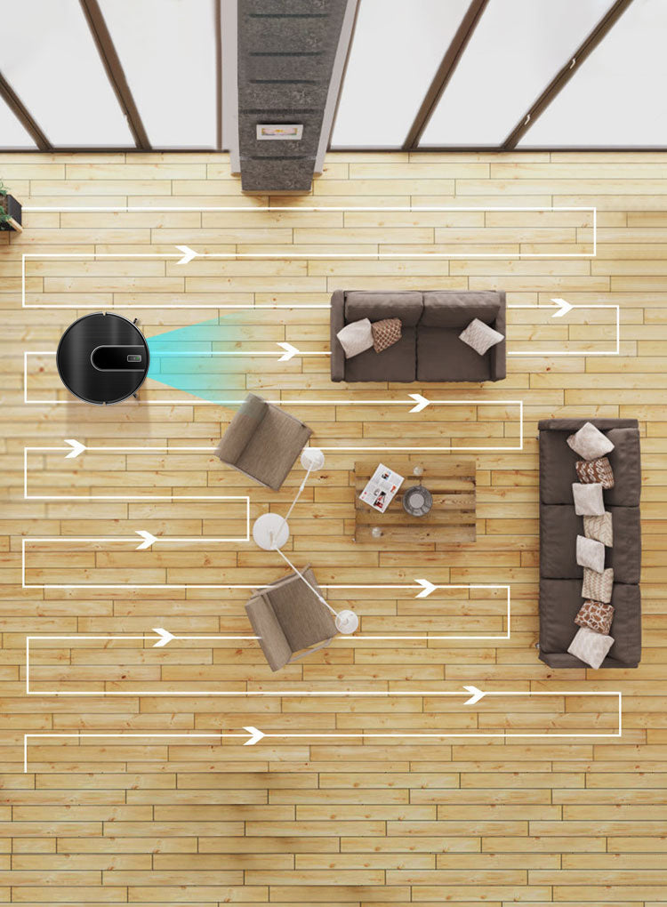 Overhead view of a Bytech Robot Vacuum Cleaner in a modern living room with white airflow arrows overlaid to demonstrate its cleaning path. The room features light wood floors, a brown sofa, two armchairs, a coffee table, and a long bench with pillows.