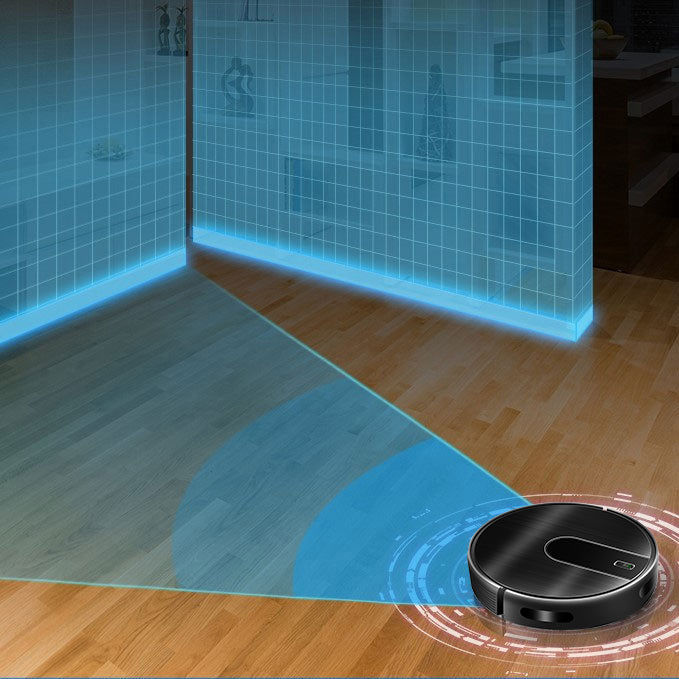 A black Bytech Robot Vacuum Cleaner on a wooden floor, shown in a home interior with blue glowing grid walls and a blue coverage indicator graphic illustrating its cleaning path.