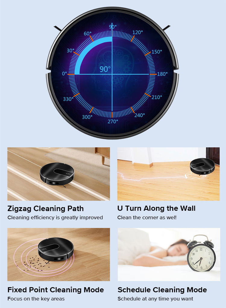 A promotional infographic for a Bytech Robot Vacuum Cleaner. The top half shows a circular black robot with a glowing blue and purple digital display showing a 90-degree angle.