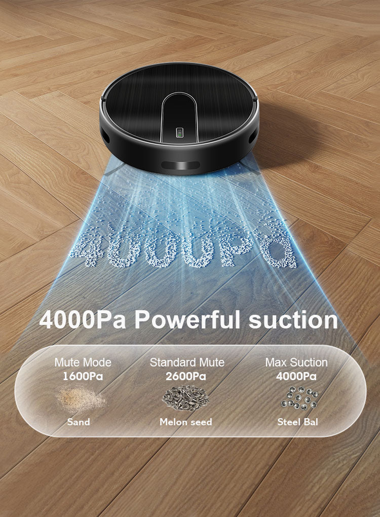 A black round Bytech Robot Vacuum Cleaner shown on a wood floor, with a blue suction beam graphic and text reading '4000Pa Powerful suction' plus a performance comparison panel below.