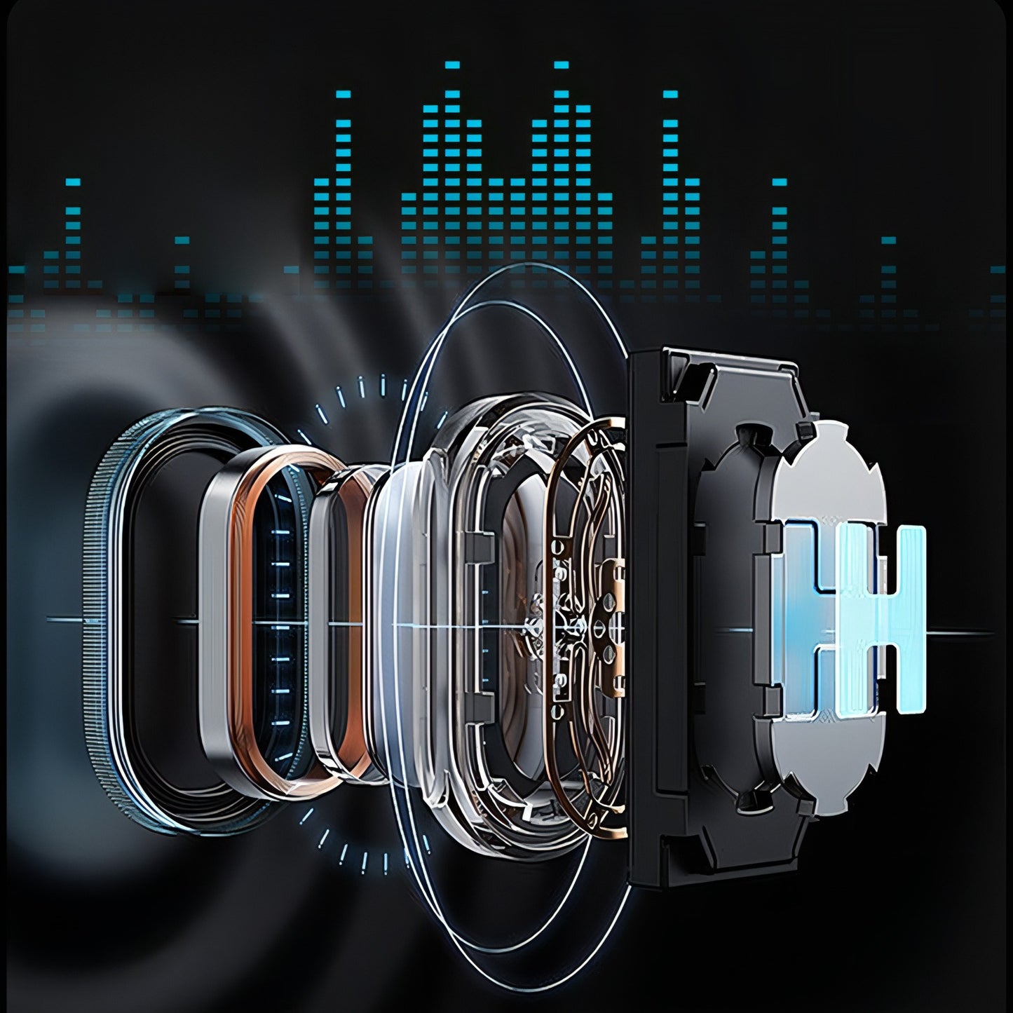 Bytech Smart Glasses with a transparent case on a dark background with digital waveforms.