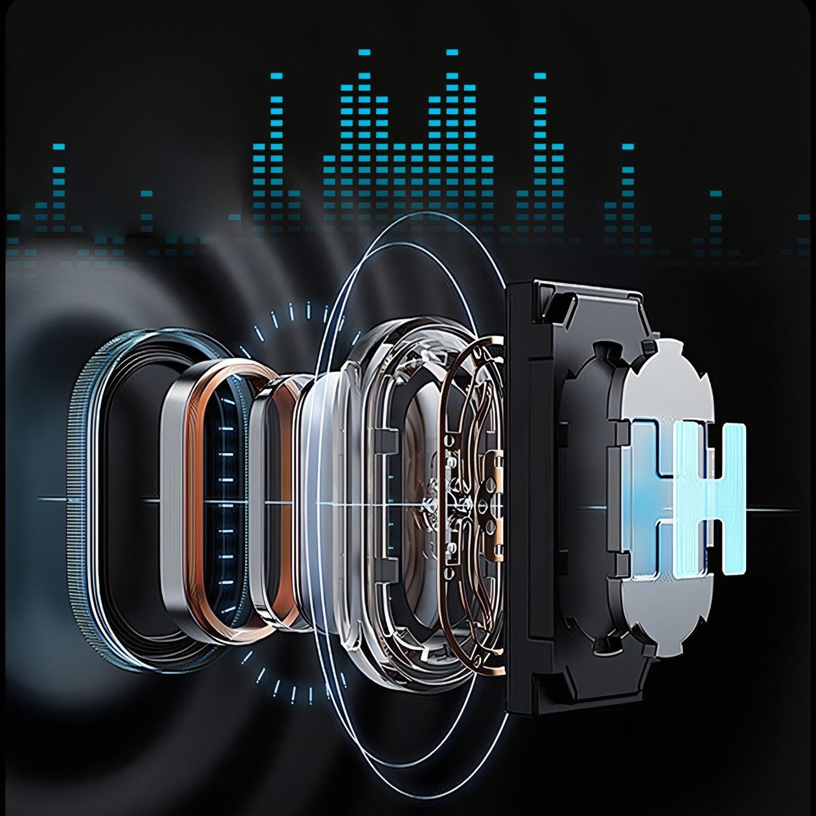 Bytech Smart Glasses with a transparent case on a dark background with digital waveforms.