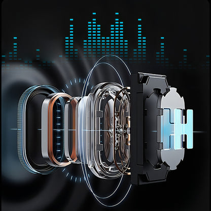 Bytech Smart Glasses with a transparent case on a dark background with digital waveforms.