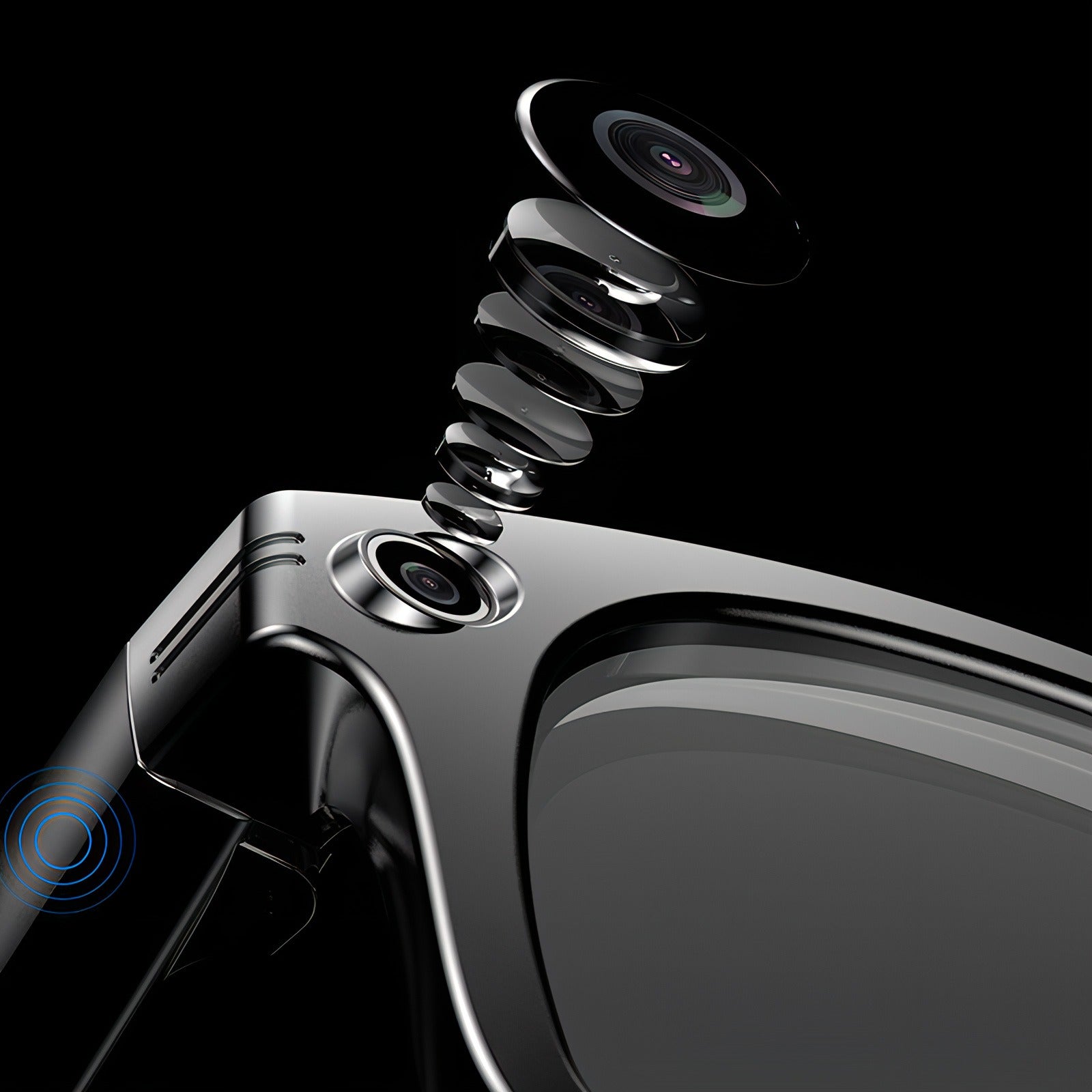 Close-up of a Bytech Smart Glasses suspension system with a black background
