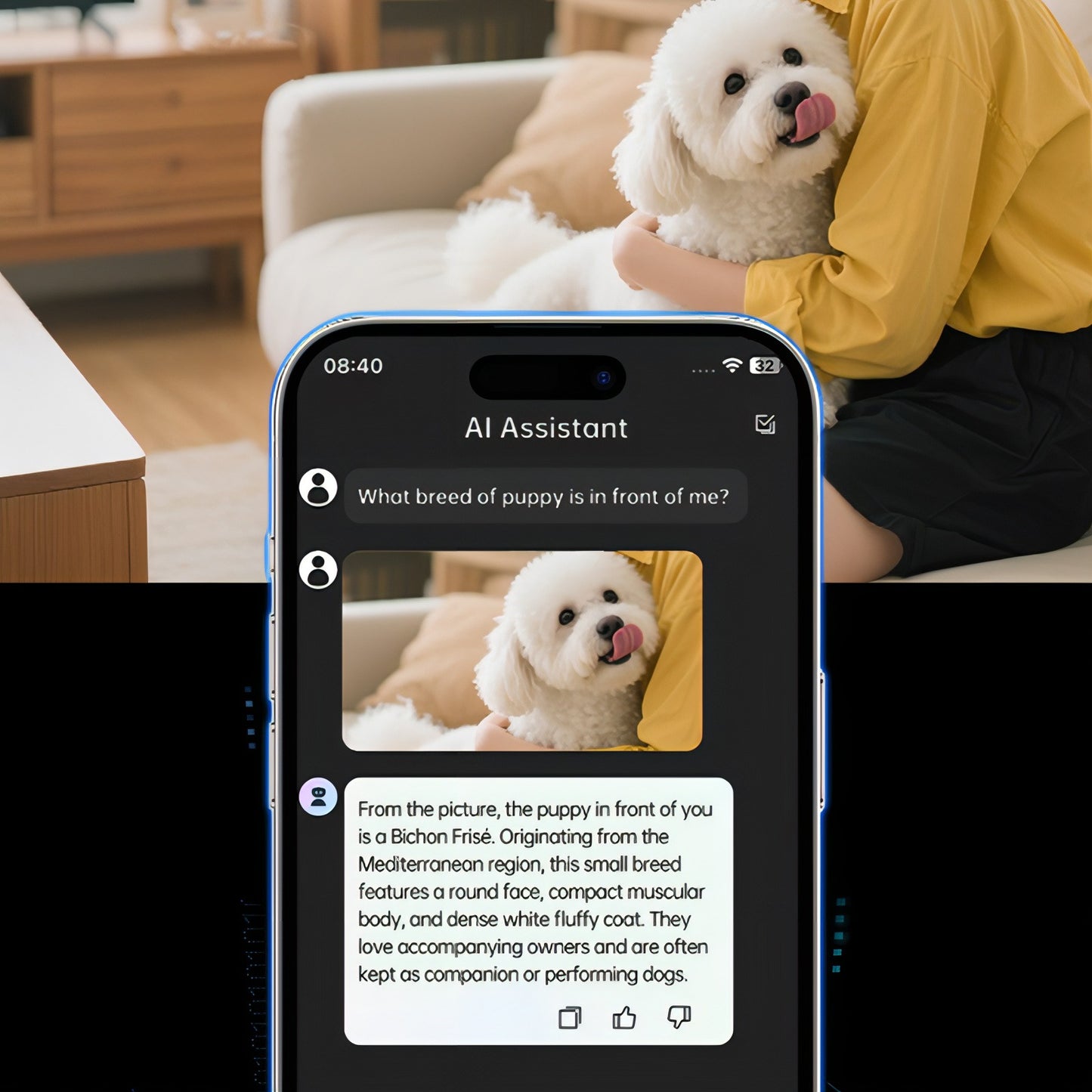 Person holding a white dog with an AI assistant app on a Bytech Smart Glasses displaying dog breed information.