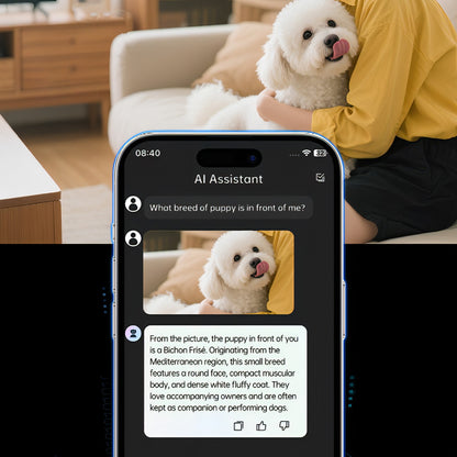 Person holding a white dog with an AI assistant app on a Bytech Smart Glasses displaying dog breed information.