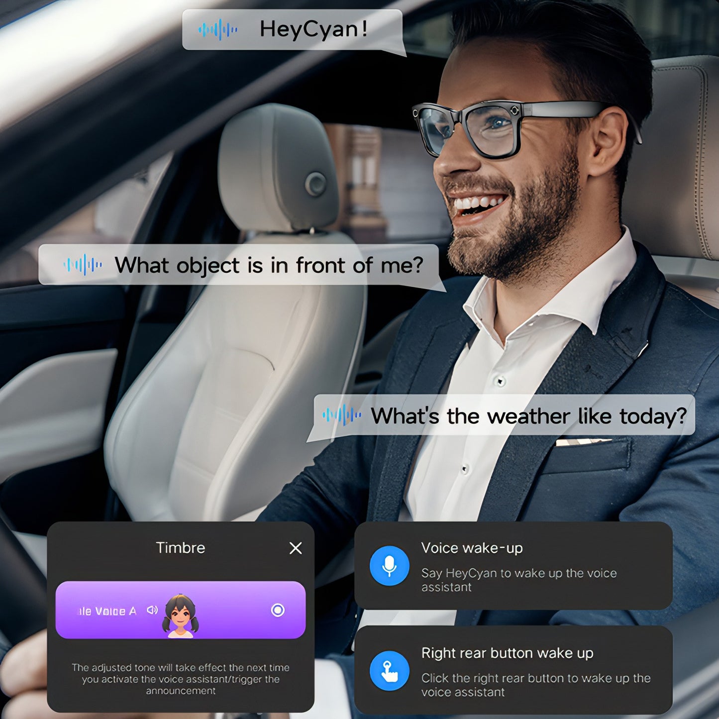 Man in a car interacting with a voice assistant interface.