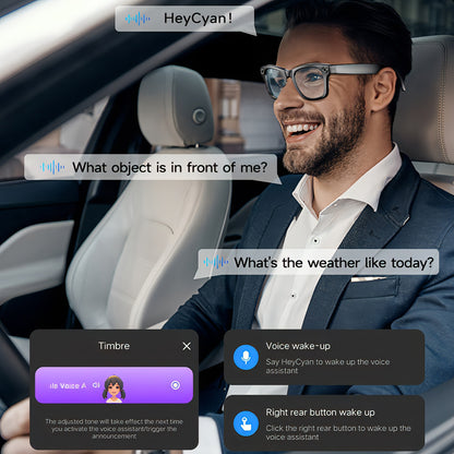 Man in a car interacting with a voice assistant interface.