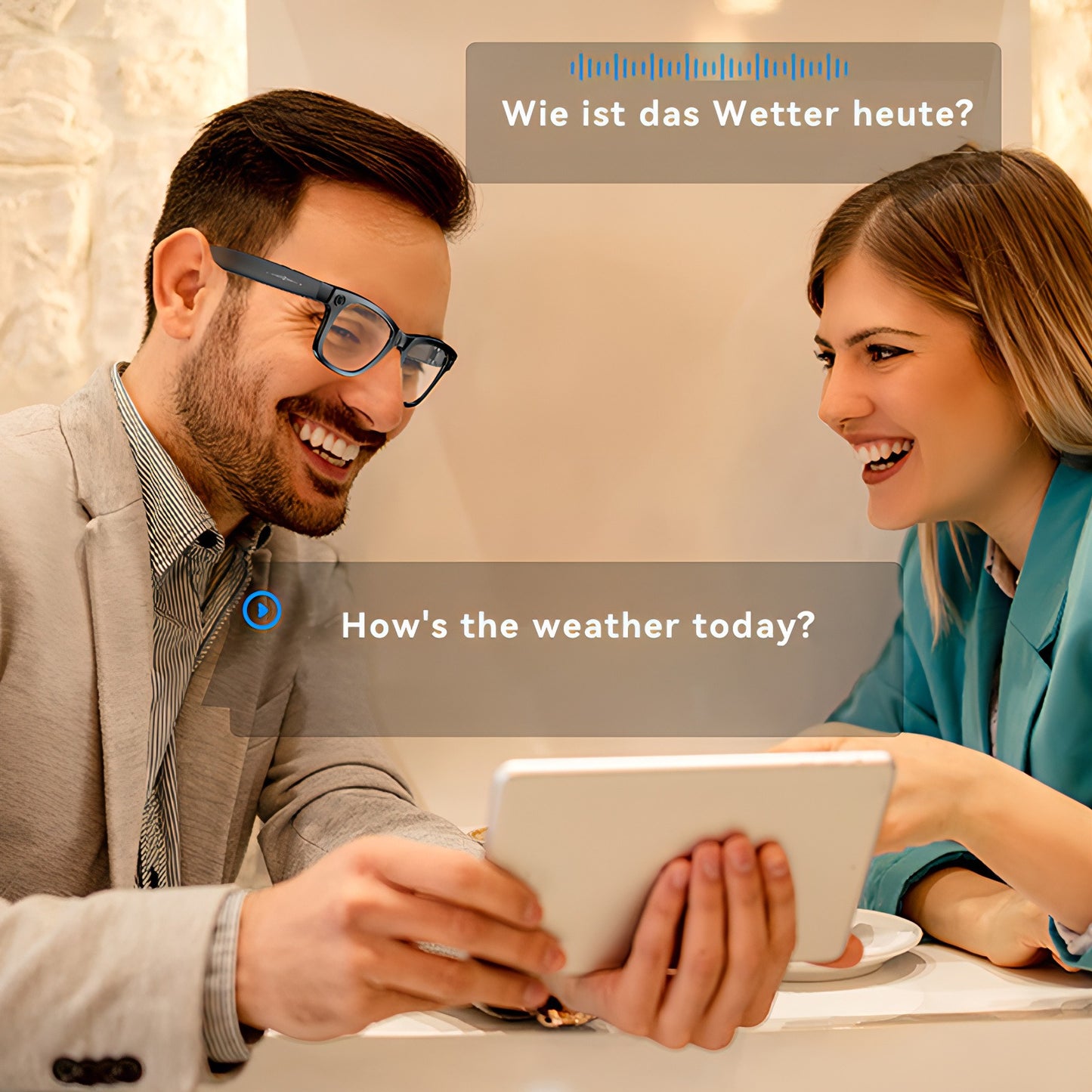 Two people sitting together, looking at a tablet with weather information displayed.