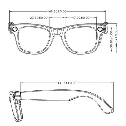 Technical drawing of a pair of Bytech Smart Glasses with dimensions labeled