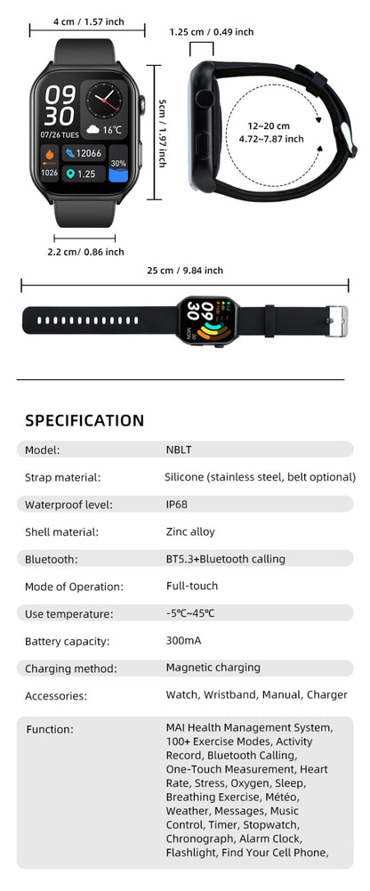 Bytech Smartwatch and dog collar with dimensions and specifications displayed.