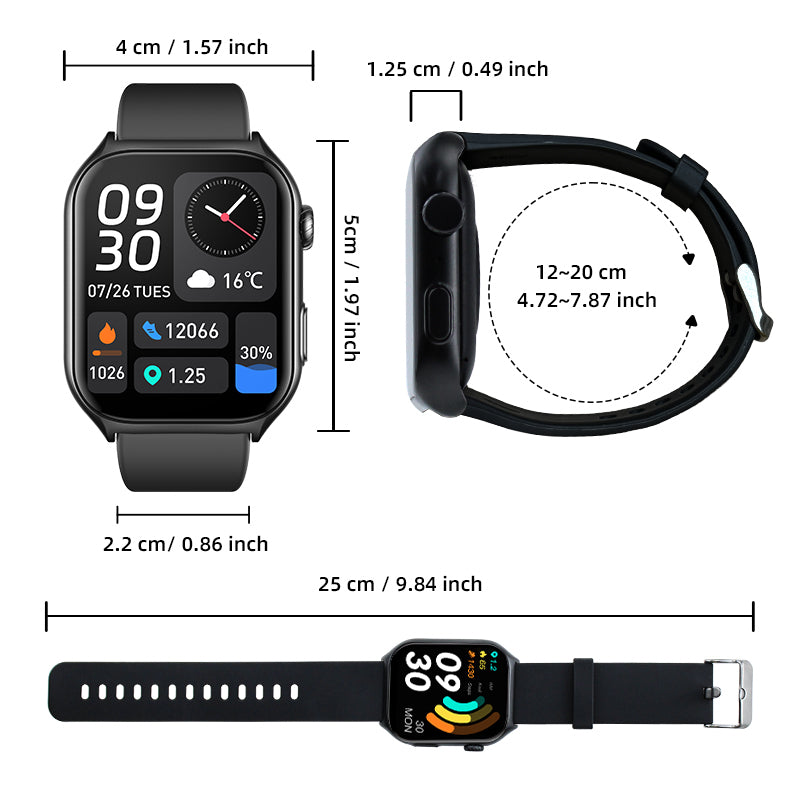 Bytech Smartwatch with detailed measurements on a white background