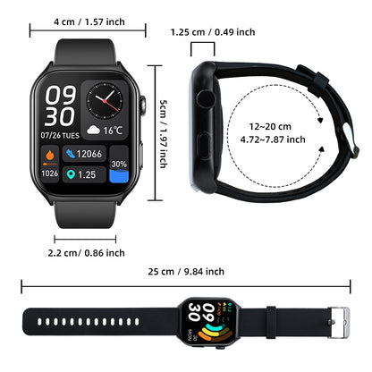 Bytech Smartwatch with detailed measurements on a white background