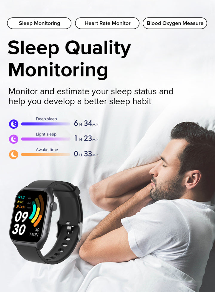 Bytech Smartwatch with sleep quality monitoring features displayed on a screen, showing a man lying in bed.
