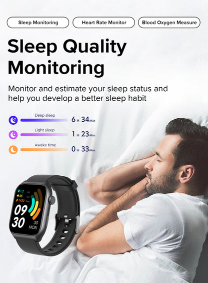 Bytech Smartwatch with sleep quality monitoring features displayed on a screen, showing a man lying in bed.