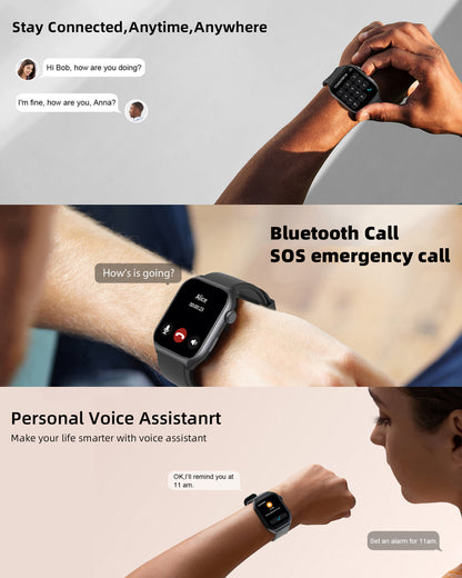 Bytech Smartwatch being used with text highlighting features like Bluetooth calls, SOS emergency calls, and personal voice assistant.