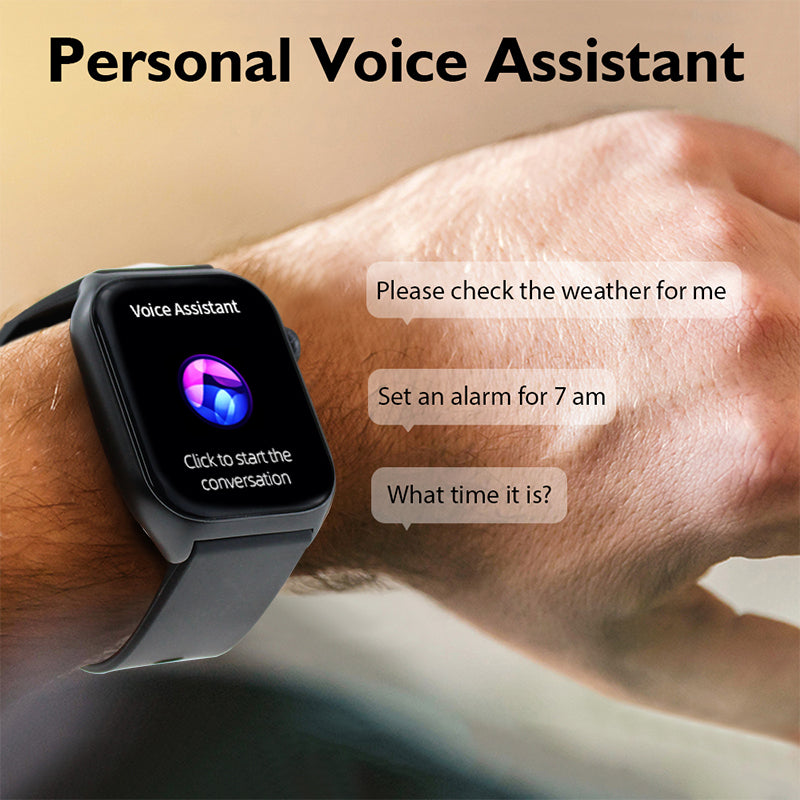 Bytech Smartwatch with a voice assistant interface on a wrist, displaying interactions like checking weather, setting alarms, and time queries.