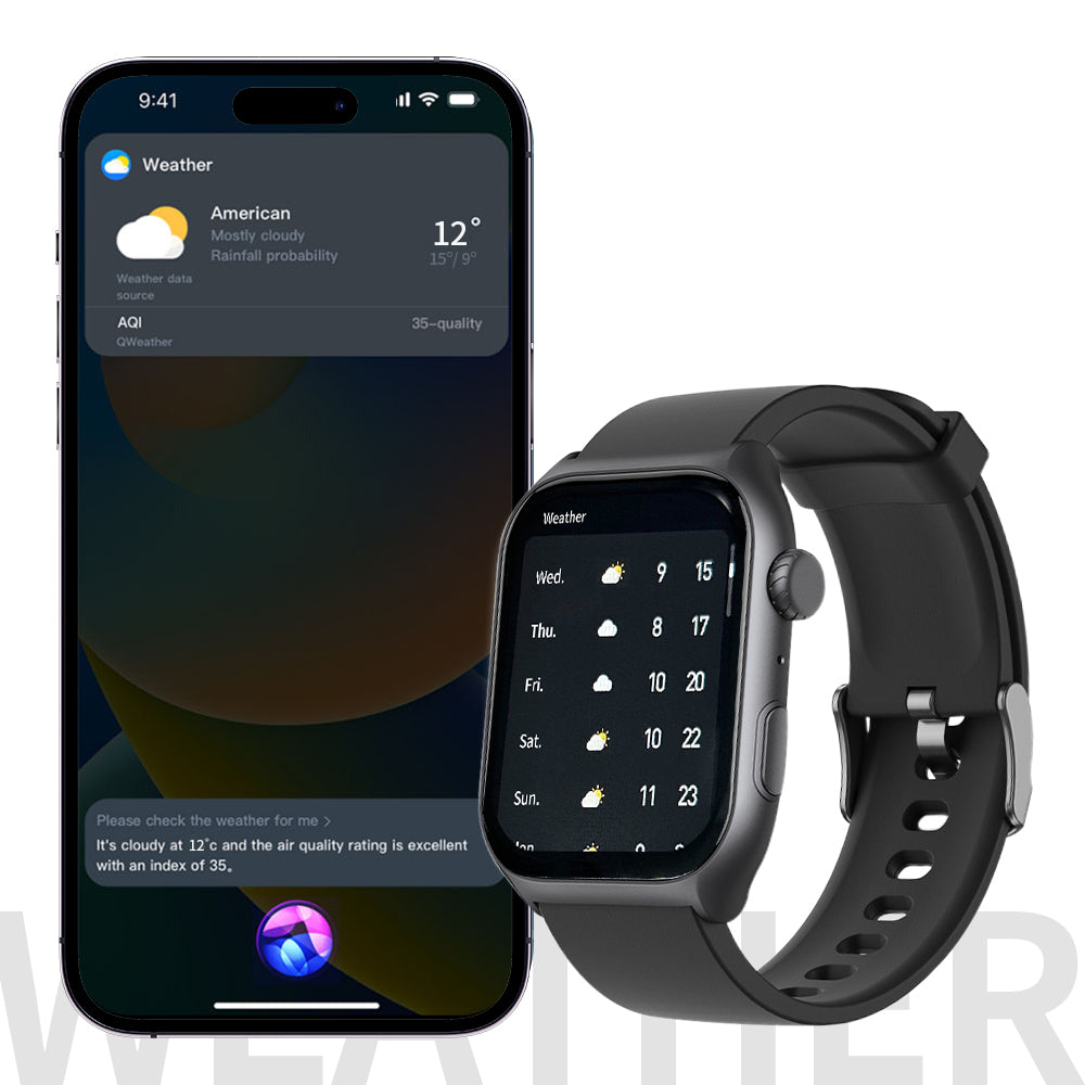 Bytech Smartwatch and smartwatch displaying weather app on a white background