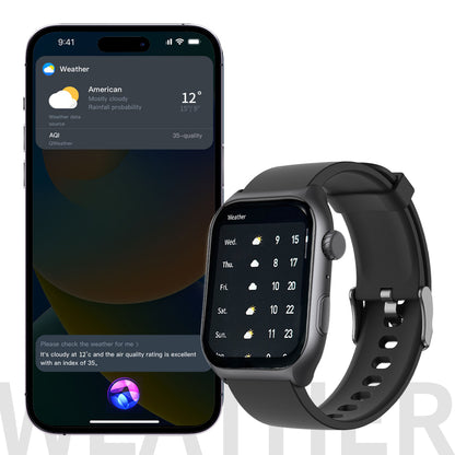 Bytech Smartwatch and smartwatch displaying weather app on a white background