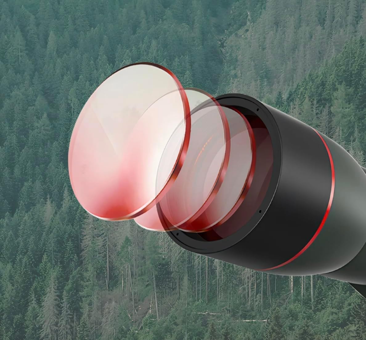 Close-up of a black and red Bytech Spotting Scope object with a forest background