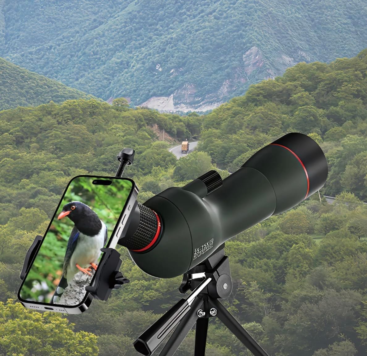 Bytech Spotting Scope with smartphone attachment showing a penguin on a phone screen, with a scenic background of trees and mountains.