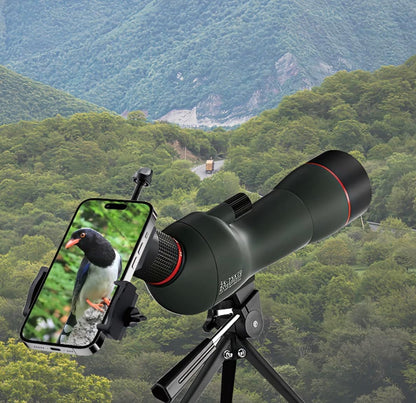 Bytech Spotting Scope with smartphone attachment showing a penguin on a phone screen, with a scenic background of trees and mountains.
