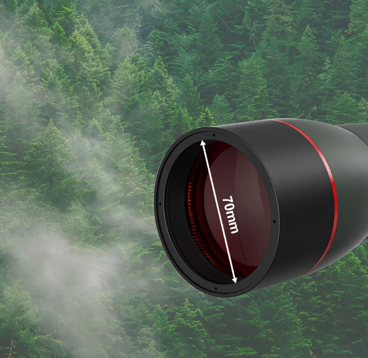 Bytech Spotting Scope lens with 70mm marking against a forest background