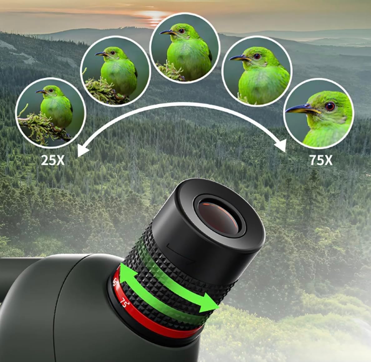 Bytech Spotting Scope lens with magnification options and bird illustrations in a forest setting