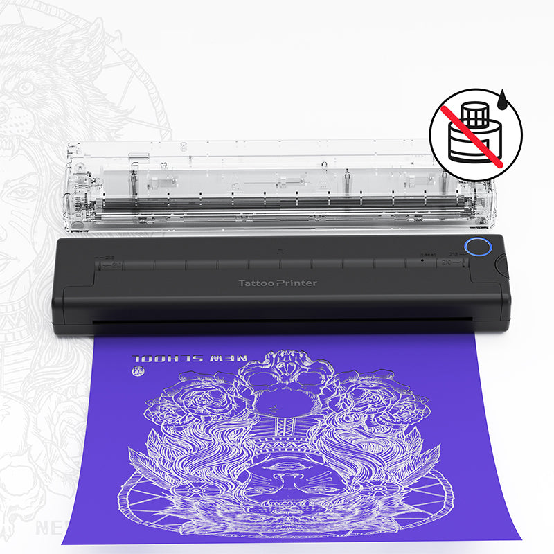 Bytech Tattoo Printer with a printed design on purple paper, on a white background.