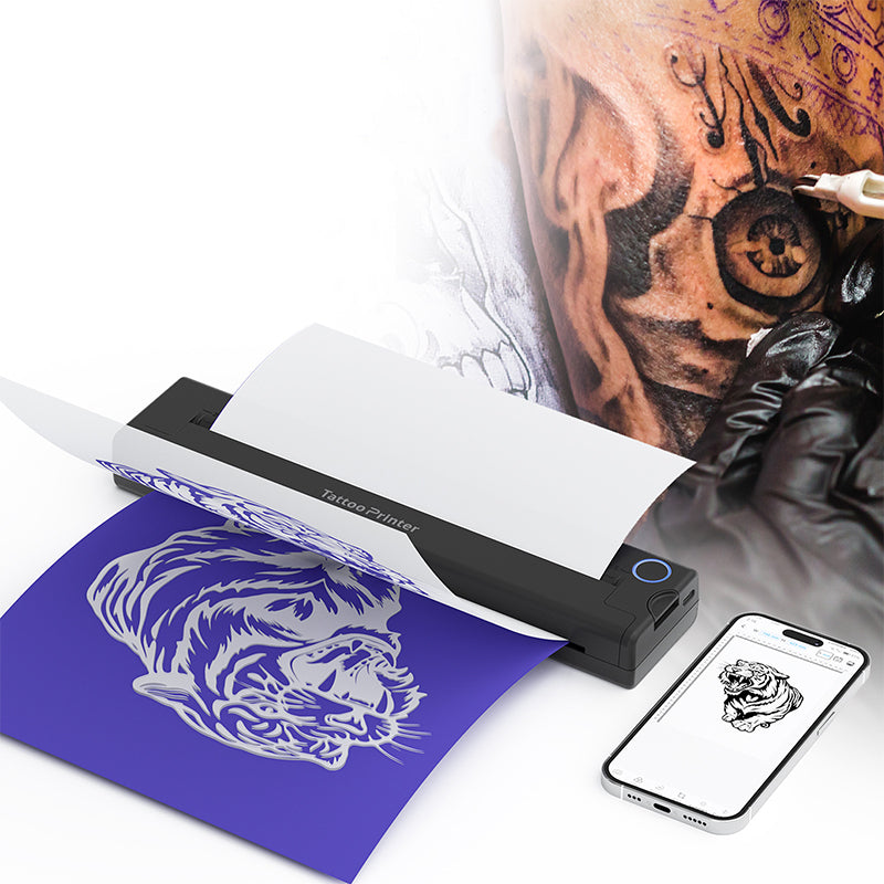 Phone with Bytech Tattoo Printer and smartphone displaying tattoo design, with a tattooed person in the background.