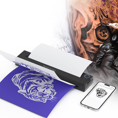 Phone with Bytech Tattoo Printer and smartphone displaying tattoo design, with a tattooed person in the background.