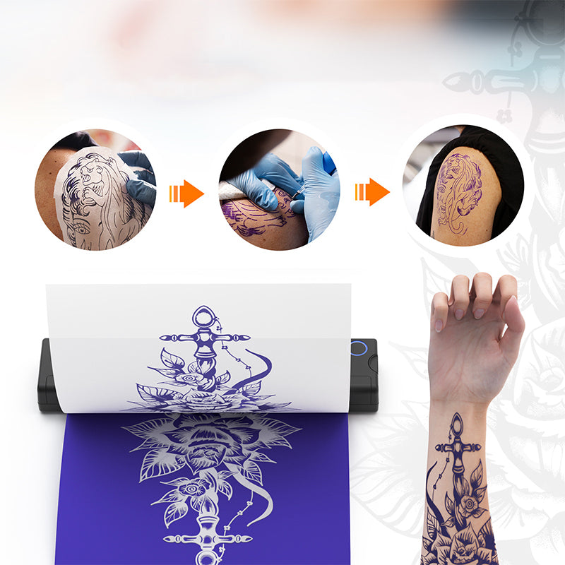 Bytech Tattoo Printer stencil with completed tattoos on skin and a hand with a tattoo.