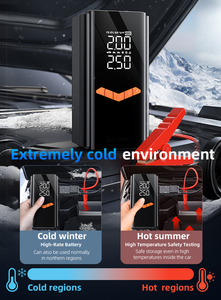 A black Bytech 2 in 1 Tyre Inflator & Jump Starter with an orange connector clip is shown prominently in front of a snowy mountain and car interior. The image includes marketing text reading 'Extremely cold environment' and two smaller inset panels demonstrating use in a cold winter scene and a hot summer safety-testing scene, with blue and red labels and temperature icons.