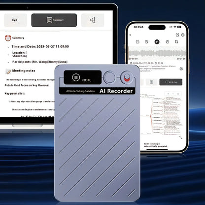 Bytech Voice Recorder device with digital interfaces on a blue gradient background