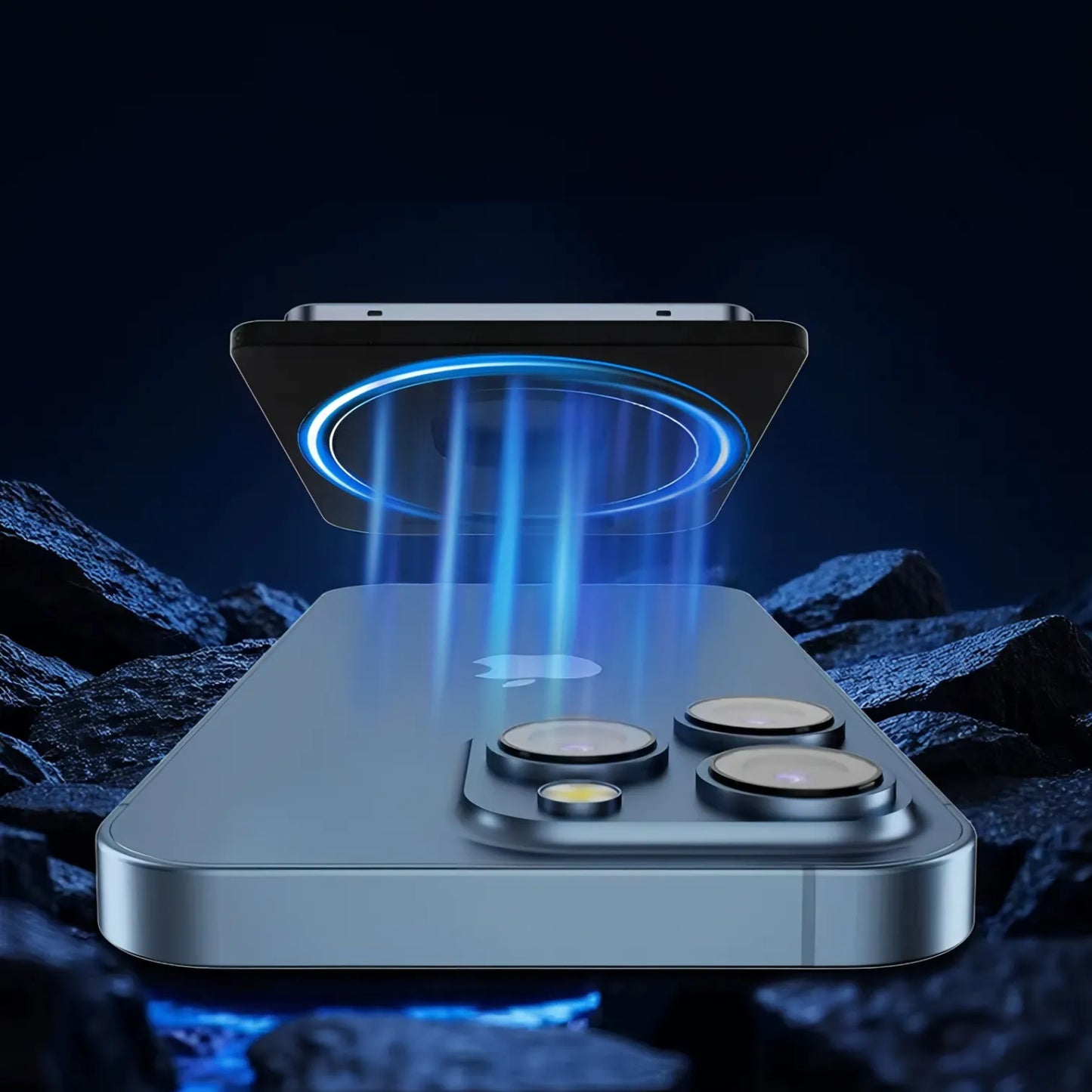 Phone with glowing blue energy effect on a dark, rocky background