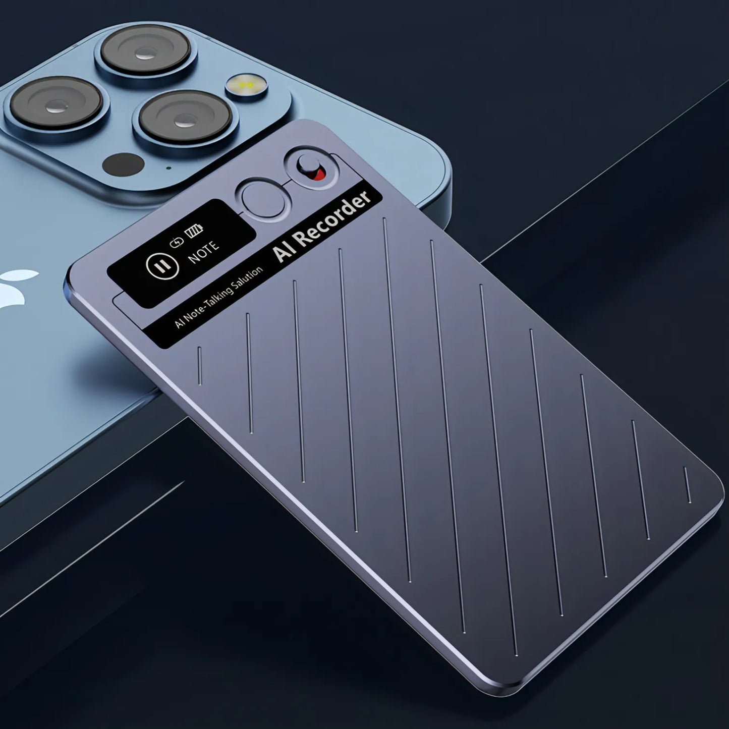 Smartphone with AI Bytech Voice Recorder app interface on a dark background
