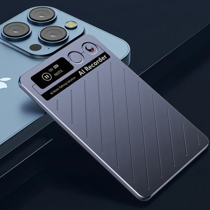 Smartphone with AI Bytech Voice Recorder app interface on a dark background