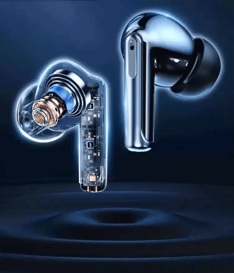 Close-up of Bytech Wireless Earbuds with a clear casing on a dark background