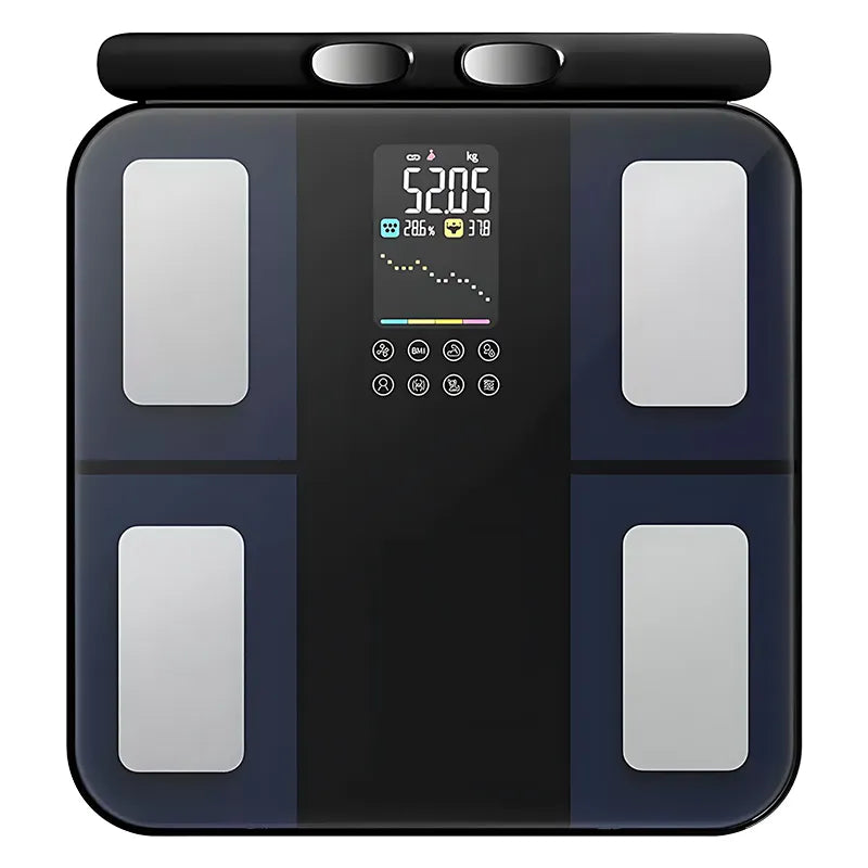 A modern Bytech body fat analyzer scale with a black and dark blue body, four silver metallic electrode plates, and a central digital display screen.