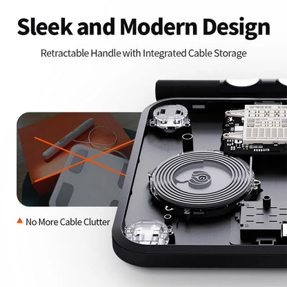 A black retractable handle cable management tray with integrated cable storage, shown open to reveal internal compartments and components. Text reads 'Sleek and Modern Design' and 'Retractable Handle with Integrated Cable Storage,' with a small inset showing the handle folded inside a cable.
