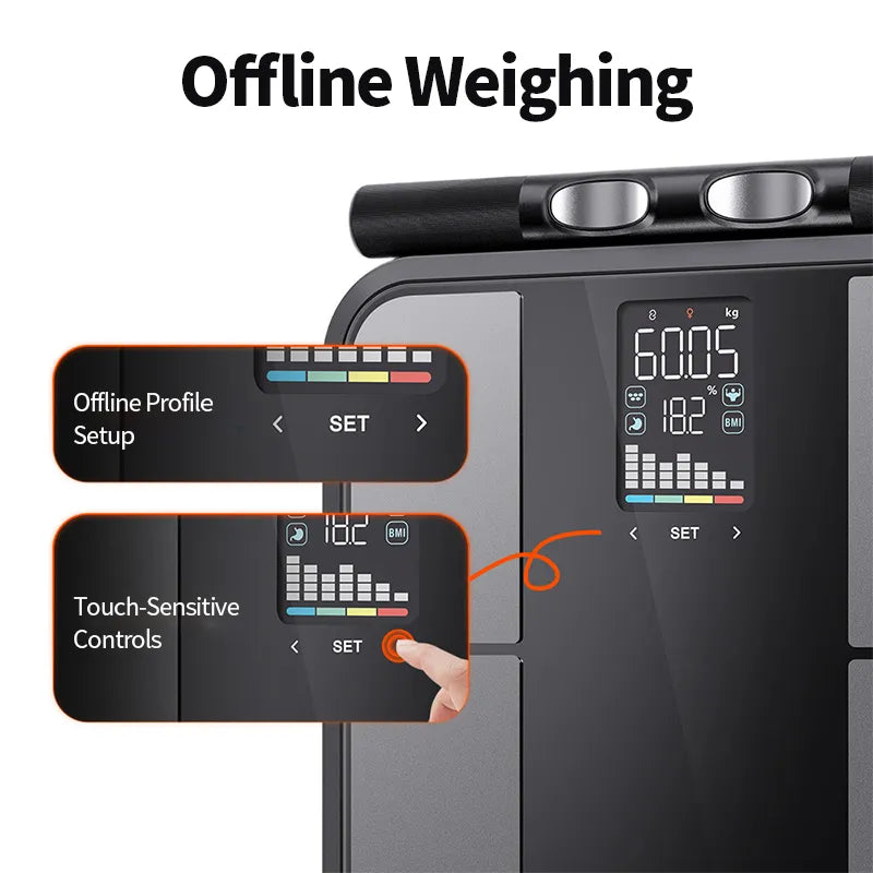 A Bytech fitness scale with a large touch display showing weight and BMI readings, plus two inset callouts labeled 'Offline Profile Setup' and 'Touch-Sensitive Controls' under the heading 'Offline Weighing.' A hand is shown touching the screen on the right inset.