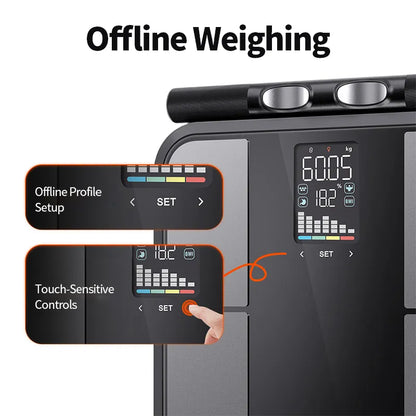 A Bytech fitness scale with a large touch display showing weight and BMI readings, plus two inset callouts labeled 'Offline Profile Setup' and 'Touch-Sensitive Controls' under the heading 'Offline Weighing.' A hand is shown touching the screen on the right inset.