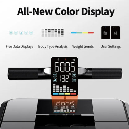 A fitness tracker or Bytech smart scale watch shown mounted on a handlebar, with a large colorful digital display reading 60.05 and 182.